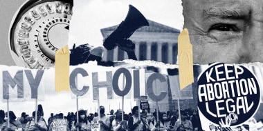 Photo illustration: Images of birth control pill dispenser, a protestor with a megaphone outside the Supreme Court, close-up of Joe Biden's eye, sign that reads,"Keep abortion legal" and protestors holding up letters that read,"My choice".