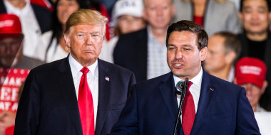 Republican gubernatorial candidate Ron DeSantis speaks alongside President Donald Trump at a campaign rally at the Pensacola International Airport on Nov. 3, 2018, in Pensacola, Fla.