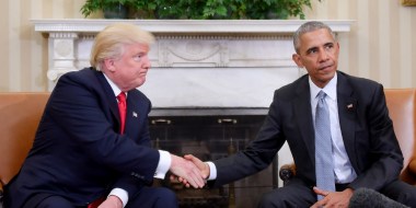 Former President Barack Obama and President-elect Donald Trump shake hands during a  transition planning meeting in the Oval Office at the White House in Washington, D.C.
