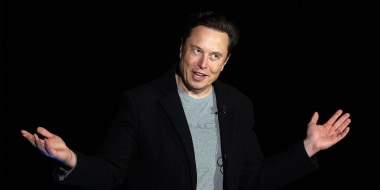 Image:Elon Musk speaks during a press conference at SpaceX's Starbase facility near Boca Chica Village in South Texas.