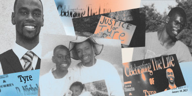 Photo illustration of Tyre Nichols, a "Justice for Tyre" sign, and a sign that reads "Celebrating the Life of Tyre"