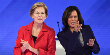 Then-Senator Elizabeth Warren and then-Senator Kamala Harris at the Democratic primary debate 