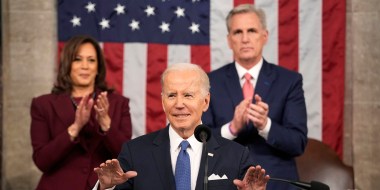 US President Joe Biden speaks during a State of the Union address with US Vice President Kamala Harris, left, and US House Speaker Kevin McCarthy, a Republican from California, right, at the US Capitol in Washington, DC, US, on Tuesday, Feb. 7, 2023. Biden is speaking against the backdrop of renewed tensions with China and a brewing showdown with House Republicans over raising the federal debt ceiling.