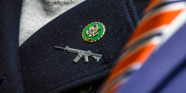 Rep. Anna Paulina Luna, R-Fla.,  wears a rifle shaped pin at a hearing with the House Oversight and Reform Committee in the Rayburn House Office Building on Feb. 1, 2023.
