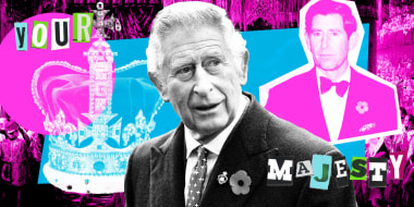 Photo Illustration: A collage with images of Charles III (present day and in the 1990s), along with a crown and cutout lettering that spells "Your Majesty." The illustration is rendered as a punk style collage with a hot pink and teal blue palette