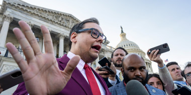 Rep. George Santos, R-N.Y., speaks to reporters outside the Capitol after an effort to expel him from the House onMay 17, 2023.