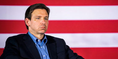 Image: Presidential candidate and Florida Governor Ron DeSantis listens to his wife speak to a crowd on June 2, 2023 in Gilbert, S.C.