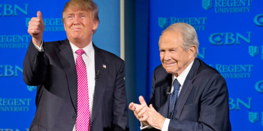 Then-Republican presidential candidate Donald Trump stands with Rev. Pat Robertson after speaking at Regent University in Virginia Beach, Va., in 2016.