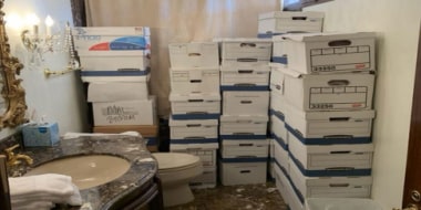 This image, contained in the indictment against former President Donald Trump, shows boxes of records stored in a bathroom and shower in the Lake Room at Trump's Mar-a-Lago estate in Palm Beach, Fla. Trump is facing 37 felony charges related to the mishandling of classified documents according to an indictment unsealed Friday, June 9, 2023. (Justice Department via AP)