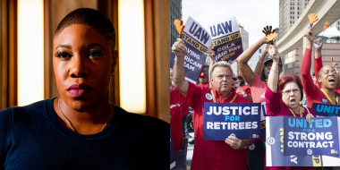 A side-by-side image of Symone Sanders and UAW members at a rally.