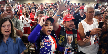Supporters cheer President Donald Trump at the Jackson County Fairgrounds on Sept. 20, 2023, in Maquoketa, Iowa.