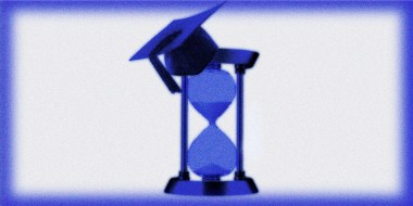 Photo Illustration: An hour glass with a graduation cap perched on top of it