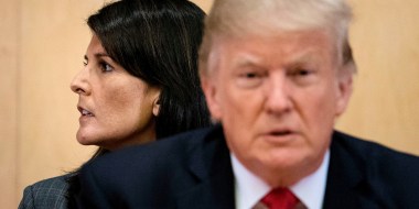 Nikki Haley and Donald Trump wait for a a meeting on United Nations Reform at U.N. headquarters in New York in 2017.