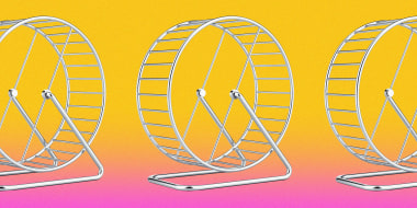 Photo illustration of three hamster wheels