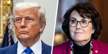 A split composite image of Donald Trump, left, and Jacky Rosen