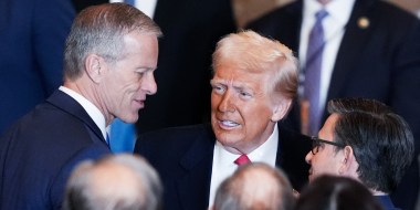 President Donald Trump speak with John Thune and Mike Johnson