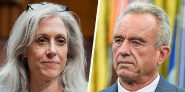 A split composite image of Susan Monarez, left, and Robert F. Kennedy Jr.