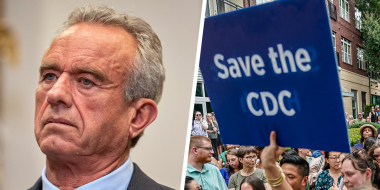 A split composite of Robert F. Kennedy Jr. and signage of the CDC.