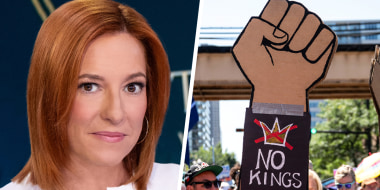 Jen Psaki; "No Kings" sign at a protest.
