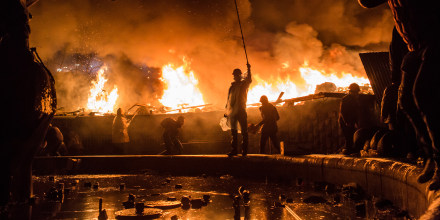 Anti-government protesters guard the perimeter of Independence Square, known as Maidan, on Feb. 19, 2014, in Kiev, Ukraine.