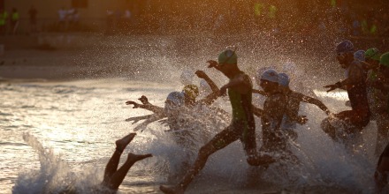 Participants jump into the water at the start of the swimming stage of the Tel Aviv Triathlon in Tel Aviv, Israel, June 28, 2016. According to the organizers more than 1,500 athletes took part in the multi-sport competition.