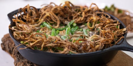 Green Bean Casserole with Bacon and Brussels Sprouts Leaves