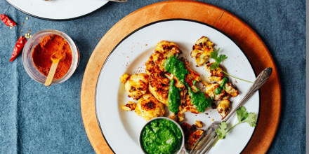 Cauliflower steak seasoned with a smoky shawarma.