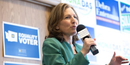 Kim Schrier, running for U.S. Congress (WA 8th District) speaks during a canvasing kick-off event at a Human Rights Campaign phone bank for Schrier in  in Auburn, Washington, on Oct. 30, 2018.