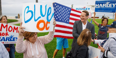 Democrat Harley Rouda greets supporters at a rally in Laguna Beach, California, on Nov. 6, 2018.