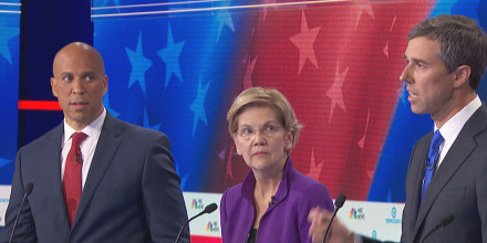 Image: Democratic Debate, Cory Booker side-eye, Beto O'Rourke