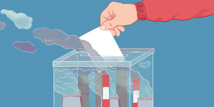 Illustration of hand casting ballot in a ballot box with smoke stacks inside.
