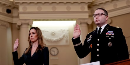 Image: Jennifer Williams, aide to Vice President Mike Pence, and Lt. Col. Alexander Vindman are sworn-in for testimony at an impeachment inquiry hearing on Nov. 19, 2019.