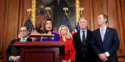 Image: House Speaker Nancy Pelosi holds a press conference with other ranking Democrats to unveil articles of impeachment against President Donald Trump at the Capitol on Dec. 10, 2019.