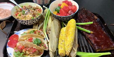 Barbecue Ribs with Tomato-Watermelon Salad and Grilled Corn