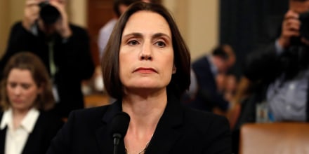 Former White House national security aide Fiona Hill returns from a break to testify before the House Intelligence Committee on Capitol Hill on Nov. 21, 2019.