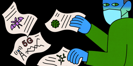 Image: Illustration of a figure in a face mask grabbing floating papers with science symbols on them.