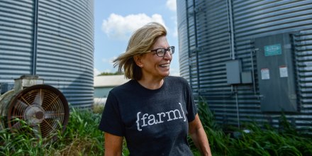 Rita Hart speaks with a reporter at her farm in Wheatland, Iowa, in 2019.