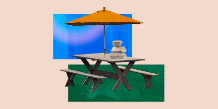 Image: Illustration of an outdoor dining setup with takeout containers on a picnic table and umbrella
