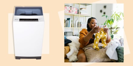 Illustration of a woman folding laundry and the portable Magic Chef 1.6 cu. ft. Compact White Top Load Washing Machine