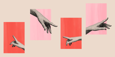 Photo illustration of hands reaching out to each other from their windows.
