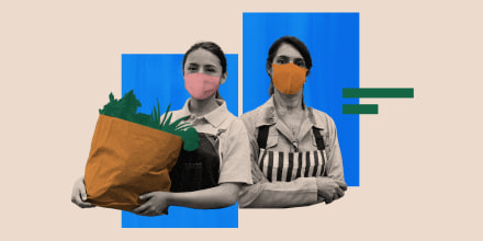 Photo illustration of two essential workers wearing masks and one of them is holding a bag of groceries.