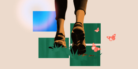 Photo illustration of walking shoes clad feet walking over grass with butterflies flying by.