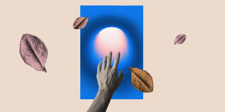 Photo illustration of a hand reaching out to a source of light. Dried leaves fly around.