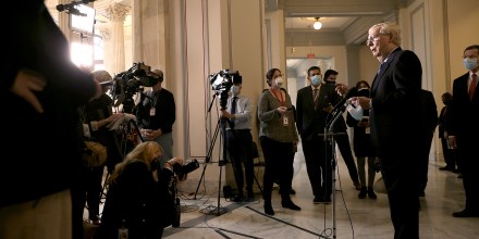 Image: Senate Minority Leader Mitch McConnell talks to reporters following the weekly Senate Republican caucus luncheon in the Russell Senate Office Building on Capitol Hill on March 16, 2021.