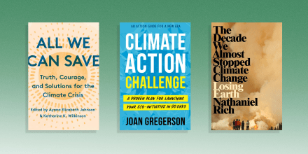 Illustration of three different climate books, All We Can Save, Climate Action and Losing Earth: The Decade We Could Have Stopped Climate Change. Read a climate change book and learn about environmental issues this Earth Day. The best climate change books