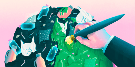 Illustration of hand painting green a pile of plastic