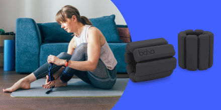 Illustration of a Woman Putting on Ankle Weights for a Home Workout and black Bala ankle weights. Shop the best ankle weights and wrist weights to use in your workout routine including Bala Bangles, FILA wrist weights, Gaiam ankle weights and more.