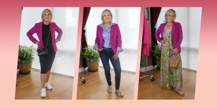 Melissa Chataigne shows three different ways and styles to wear a pink jacket