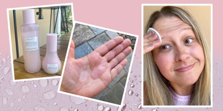 Illustration of Terri Peters using the Glow Recipe on her forehead, showing the drops in her hand, and the bottles