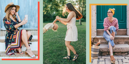 Illustration of a Woman wearing summer outfit swinging her son outside, a Woman looking ta her phone and a Woman sitting on stoop wearing a stylish outfit